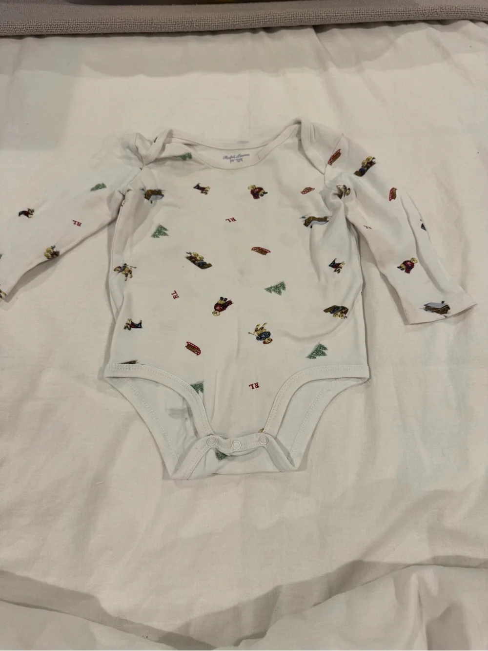 Ralph Lauren White Long-Sleeve Bodysuit with Tiny Multicolor Prints
